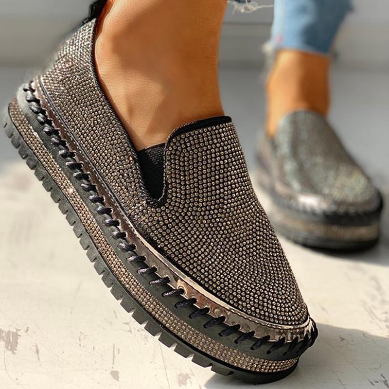 Ihrtrade Women Casual Fashion Rhinestone Slip-on Loafers
