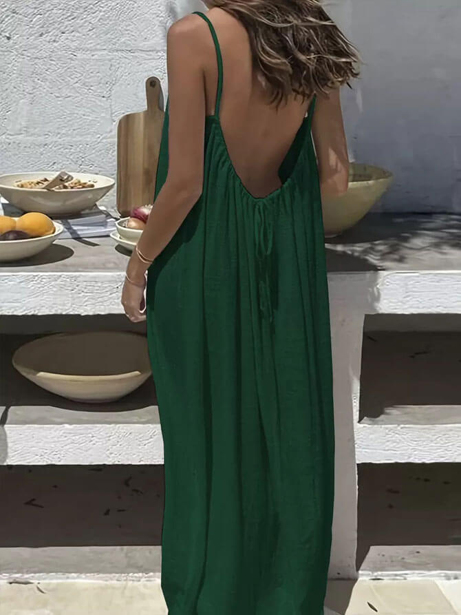 Lighteme Women's Solid Color Backless Cami Lounge Dress, Loose Fit Spaghetti Strap Dress