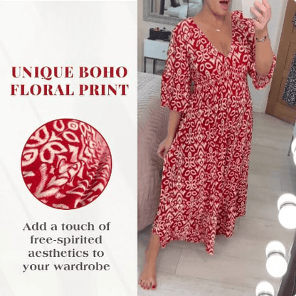 Lighteme Boho Print V-Neck Maxi Dress