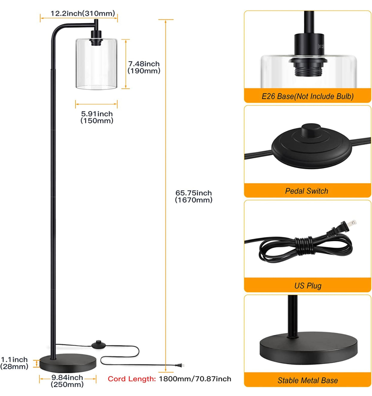 Lighteme Industrielle Stehlampe, Moderne Stehlampen mit hängendem Klarglasschirm 