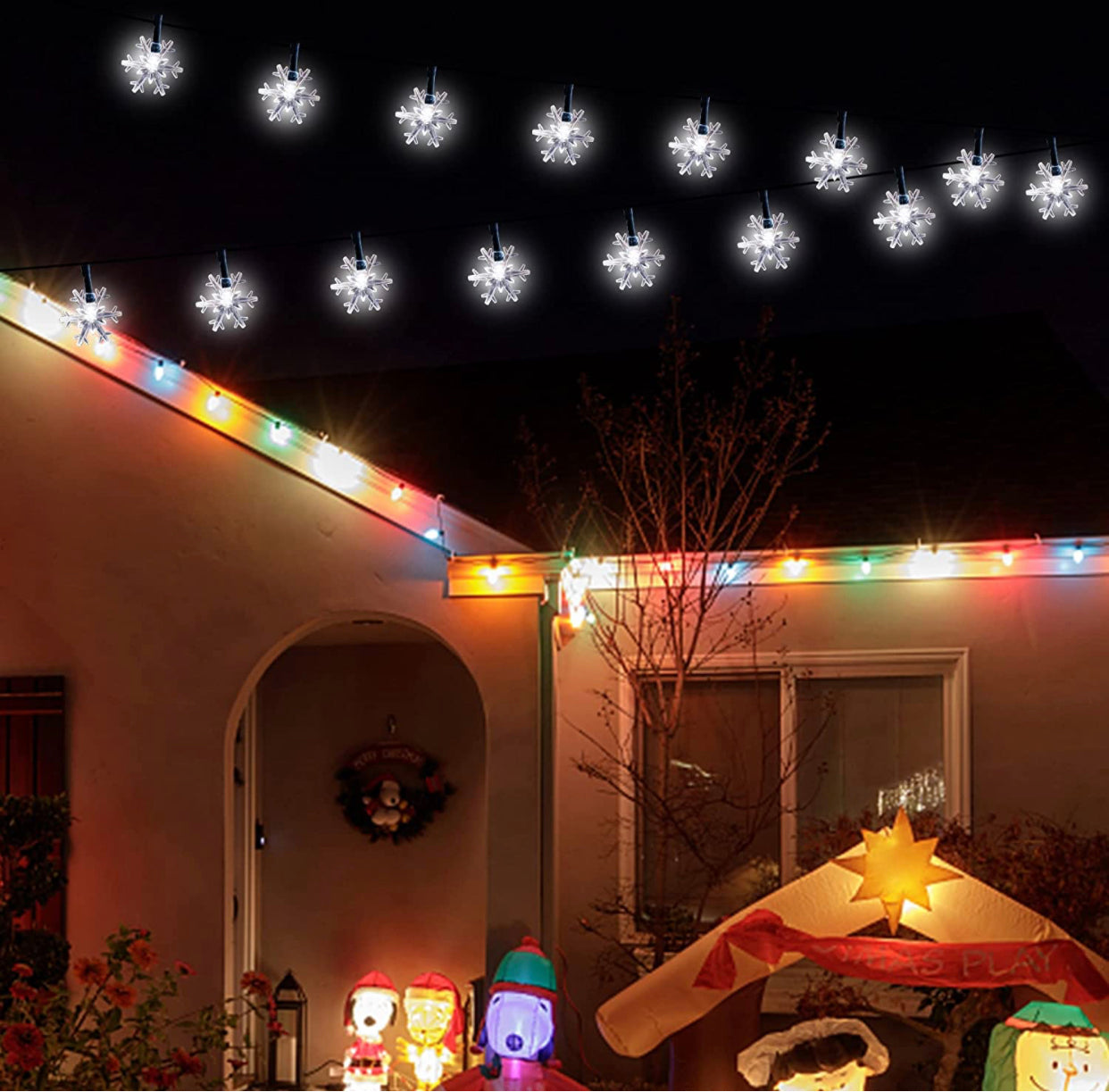 Lighteme 33Ft Solar Snowflake Twinkle Star String Lights, 100 LED Outdoor 8 Lighting Modes & Waterproof
