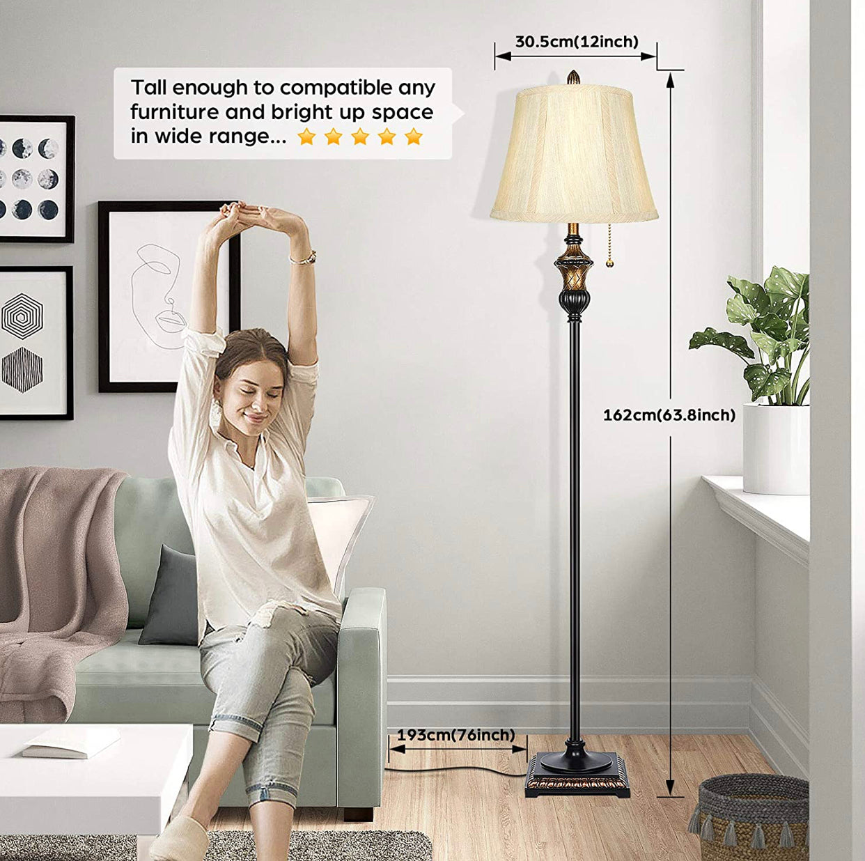 Lighteme - Free Standing Elegant Floor Lamp - Bell Shape Fabric Shade - LED Bulb Included - Bronze