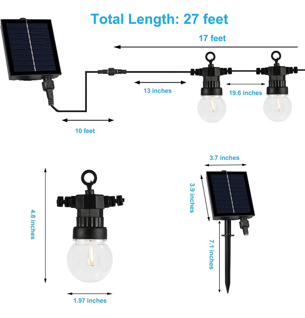 Lighteme 27 Ft Solar LED Outdoor String Lights – 1W Retro Edison Globe Bulbs Waterproof - 27 Ft Bistro Lights