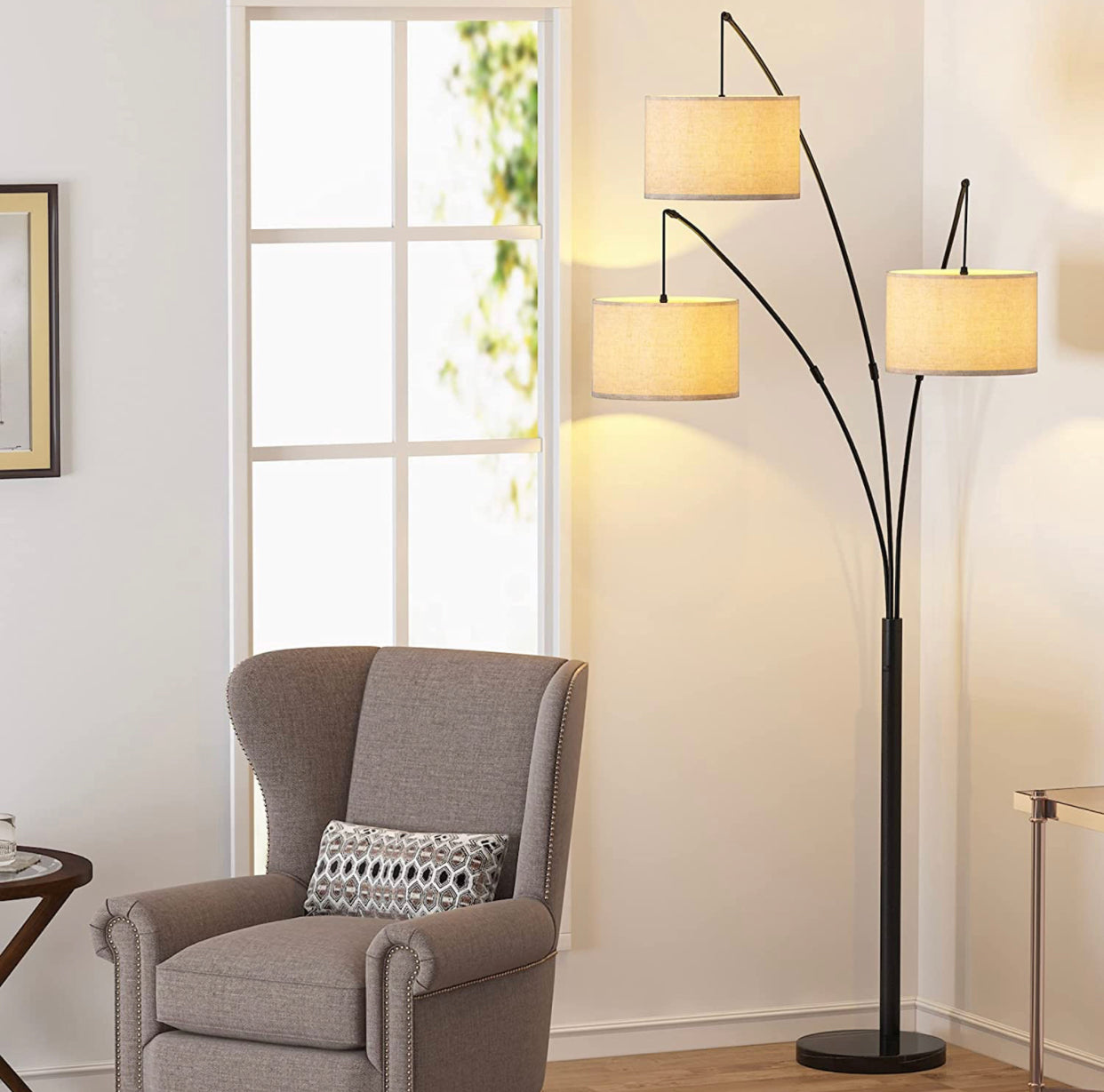 Lighteme Modern Arc Floor Lamp w/ Marble Base -- 3 Lights Hanging Over The Couch from Behind - Multi Head Arching Tree Lamp -Oil Rubbed Bronze