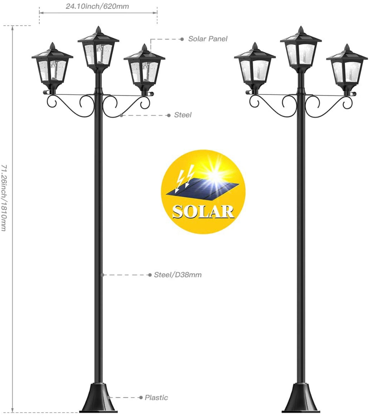 Lighteme 3 Fixture Outdoor Solar LED Lamp Post With 50 Lumen - 72Inch