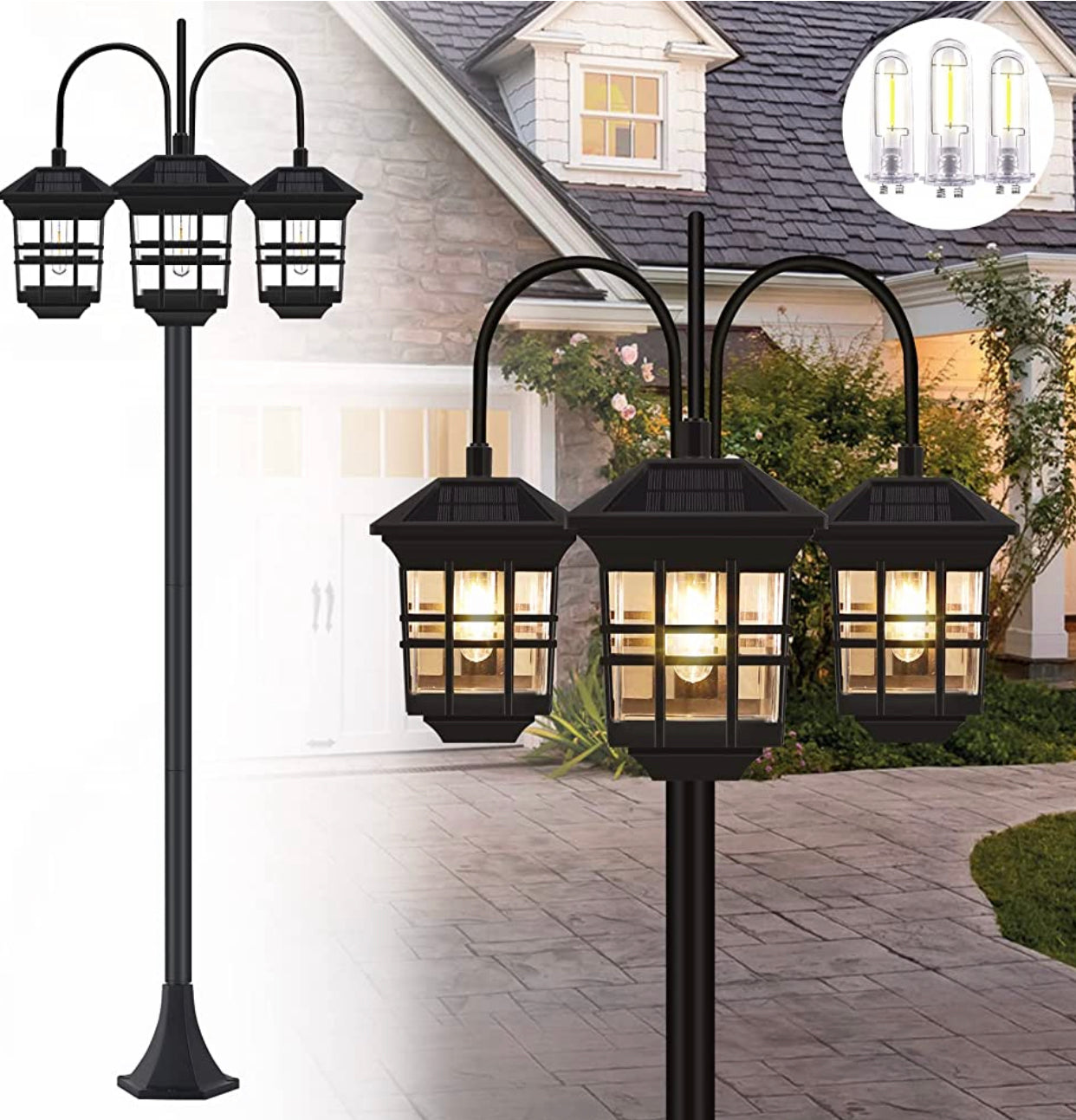 Lighteme 74.8“ Outdoor Lamp Post Lights Solar Powered,3-Head Waterproof Street Lights 60 lumens