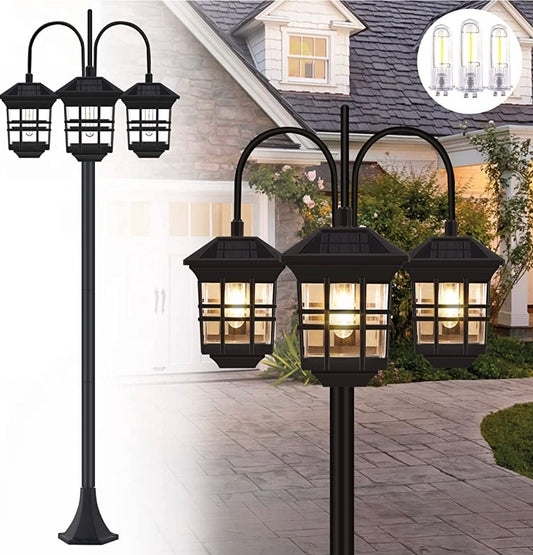 Lighteme 74.8“ Outdoor Lamp Post Lights Solar Powered,3-Head Waterproof Street Lights 60 lumens