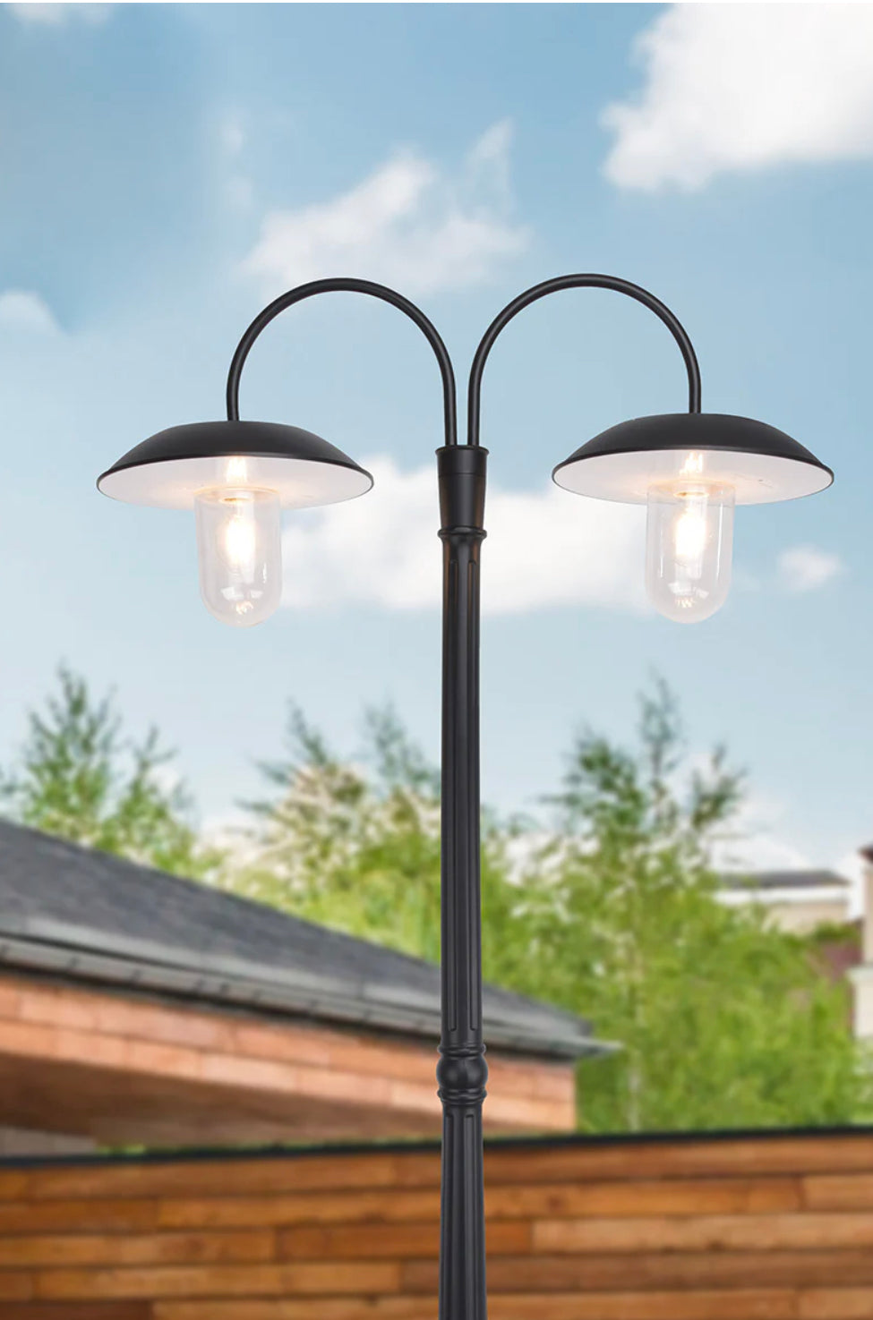 Lighteme Dual Head Solar Outdoor Post Light, Dusk to Dawn, Bulbs Included, Black(Head & Pole)