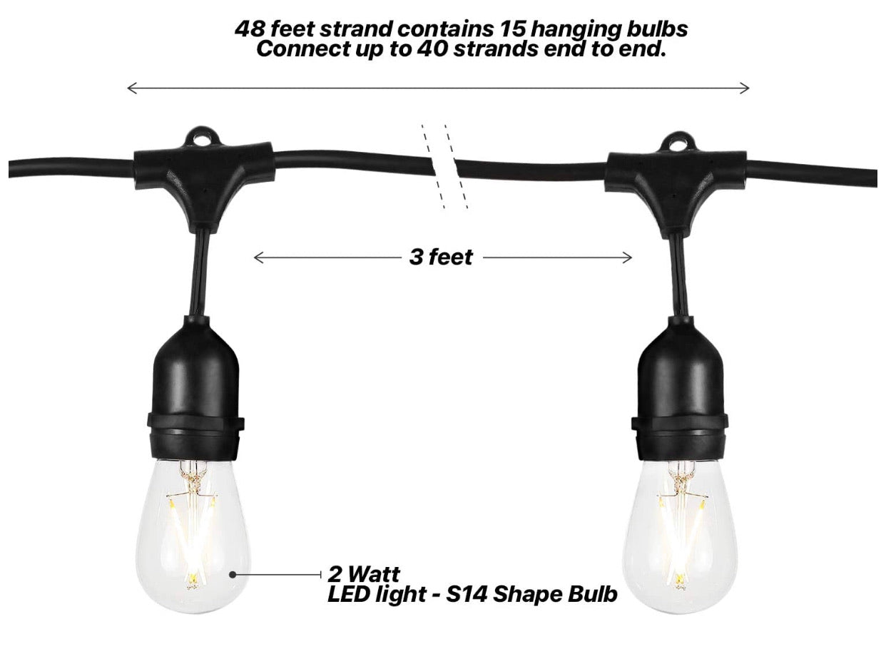 Lighteme 24Ft Plug-In LED Outdoor String Lights Waterproof- Hanging, Dimmable 2W Vintage Edison Bulbs