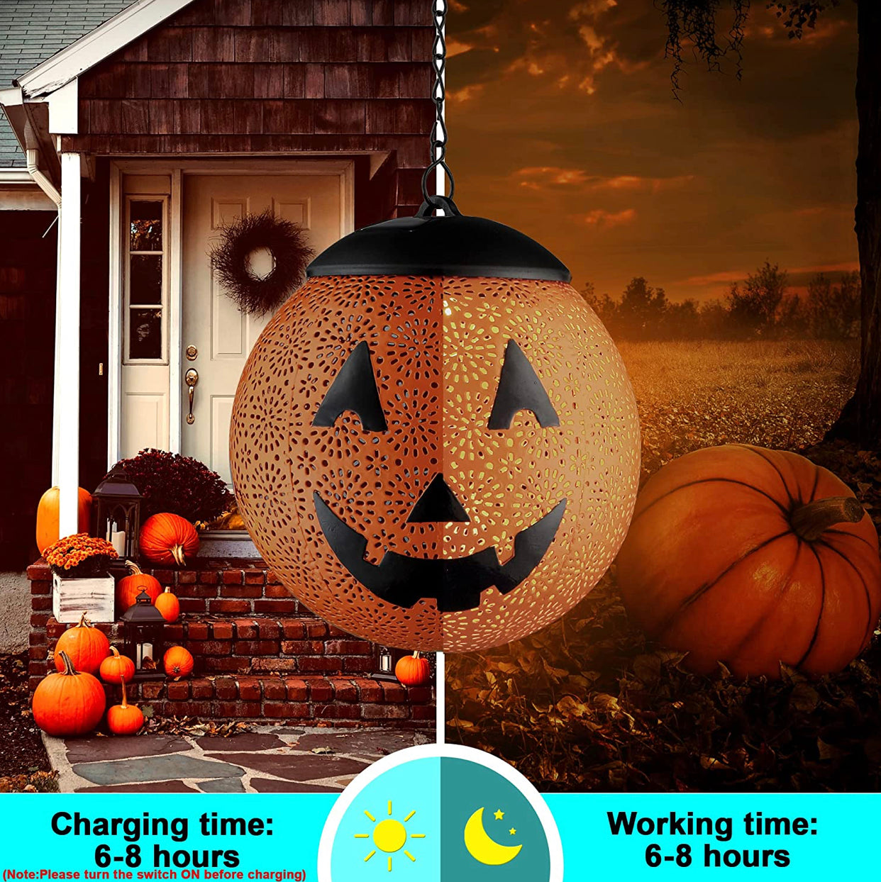 Lighteme Halloween Solar Hanging Lights Outdoor - Garden Solar Metal Lantern Decor, Solar Powered Led Waterproof Decorative Round