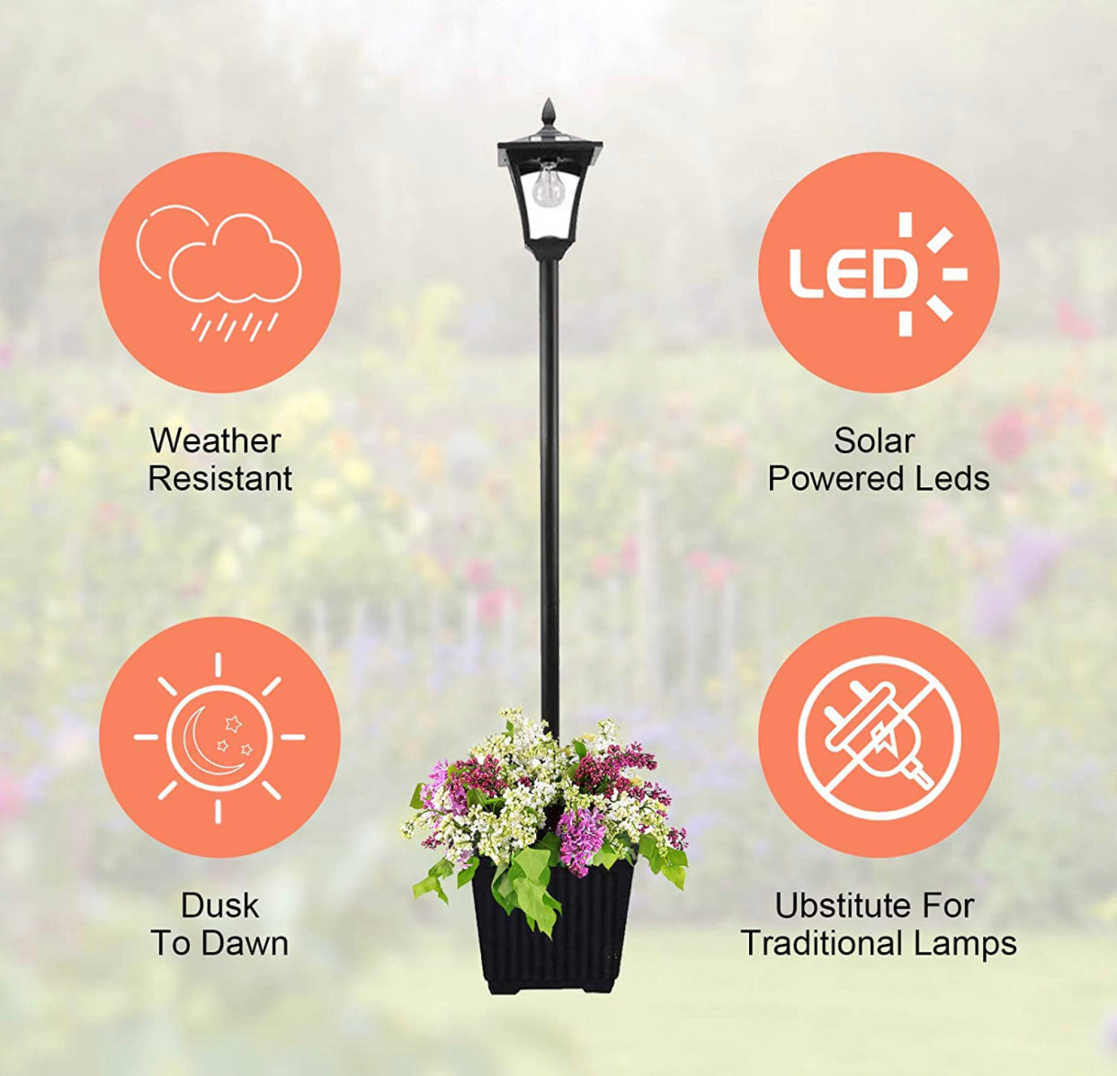 Lighteme 64 Inch Solar Lamp Post Lights Outdoor with Planter, 70 Lumen Solar Powered  with 4 Adjustable Height- Black