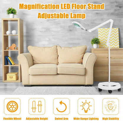 Lighteme Magnifying Floor Lamp with 5 Wheels Rolling Base, 2.25X Magnifier with LED Light, 2-in-1