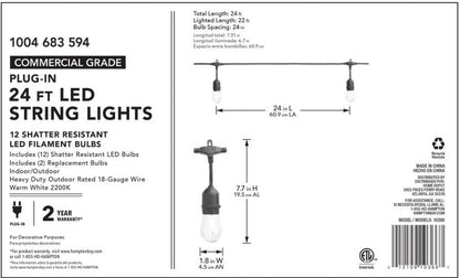 Lighteme 24 Ft. Waterproof LED String Light, 12 bulbs Plug-In