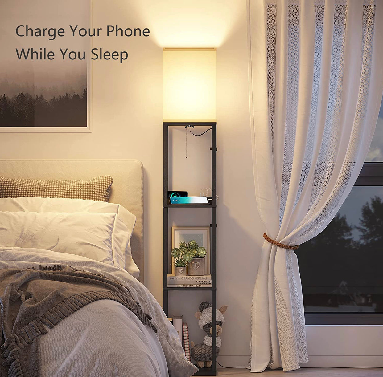Lighteme Stehlampenladegerät – Regal-Stehlampe mit USB-Ladeanschlüssen und Steckdose 