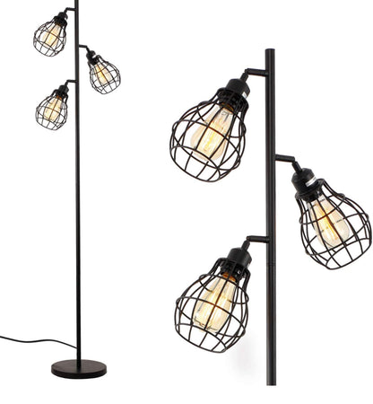 Lighteme Stehlampe passt zu industriellen, bäuerlichen und rustikalen Wohnzimmern – Stehende Baumlampe mit 3 eleganten Käfigköpfen und Edison-LED-Glühbirnen