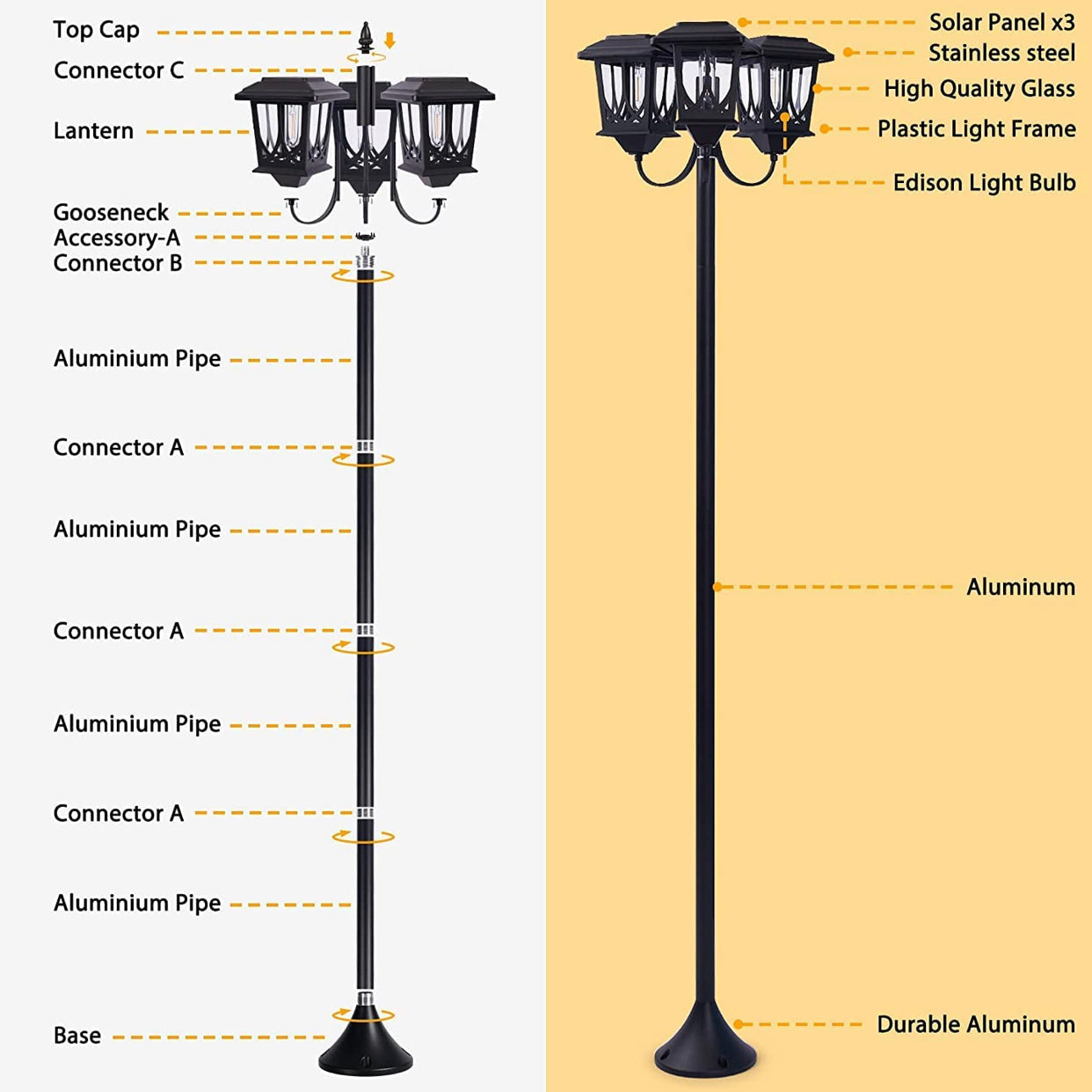 Lighteme Aluminum 74.8“ Outdoor Lamp Post Lights ,3-Head Waterproof Street Lights 60 Lumen