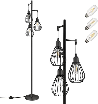 Lighteme Stehlampe passt zu industriellen, bäuerlichen und rustikalen Wohnzimmern – Stehende Baumlampe mit 3 eleganten Käfigköpfen und Edison-LED-Glühbirnen