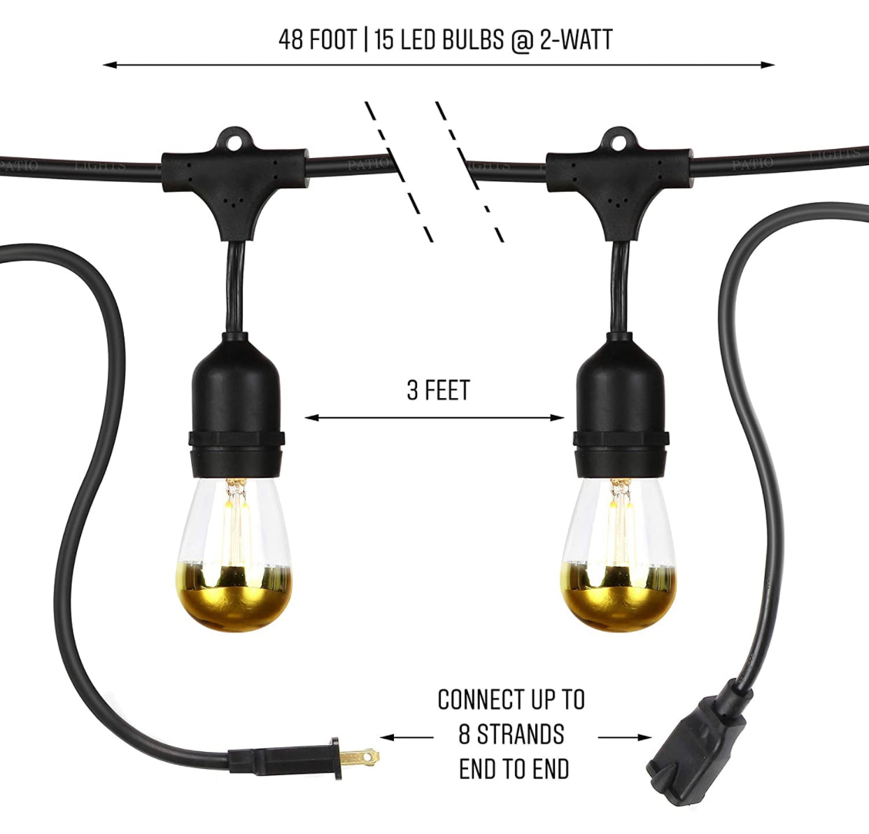 Lighteme Outdoor String Lights 48Ft Plug-In Anti Glare, Beautiful Gold Tip LED Bulbs - 48 Ft