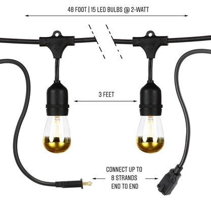 Lighteme Outdoor String Lights 48Ft Plug-In Anti Glare, Beautiful Gold Tip LED Bulbs - 48 Ft