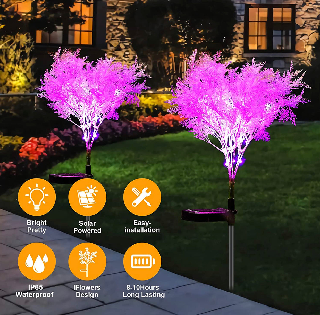 Lot de 2 fleurs solaires Lighteme, motif givre rose, fleurs à énergie solaire, du crépuscule à l'aube 