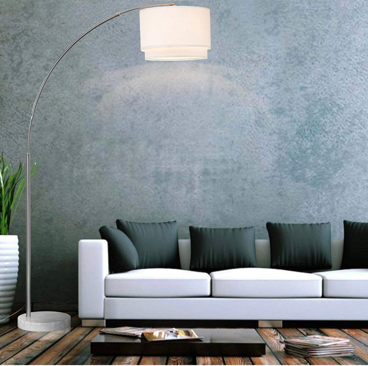 Lighteme Arc Floor Lamp with Unique Hanging Drum - Arching Over The Couch
