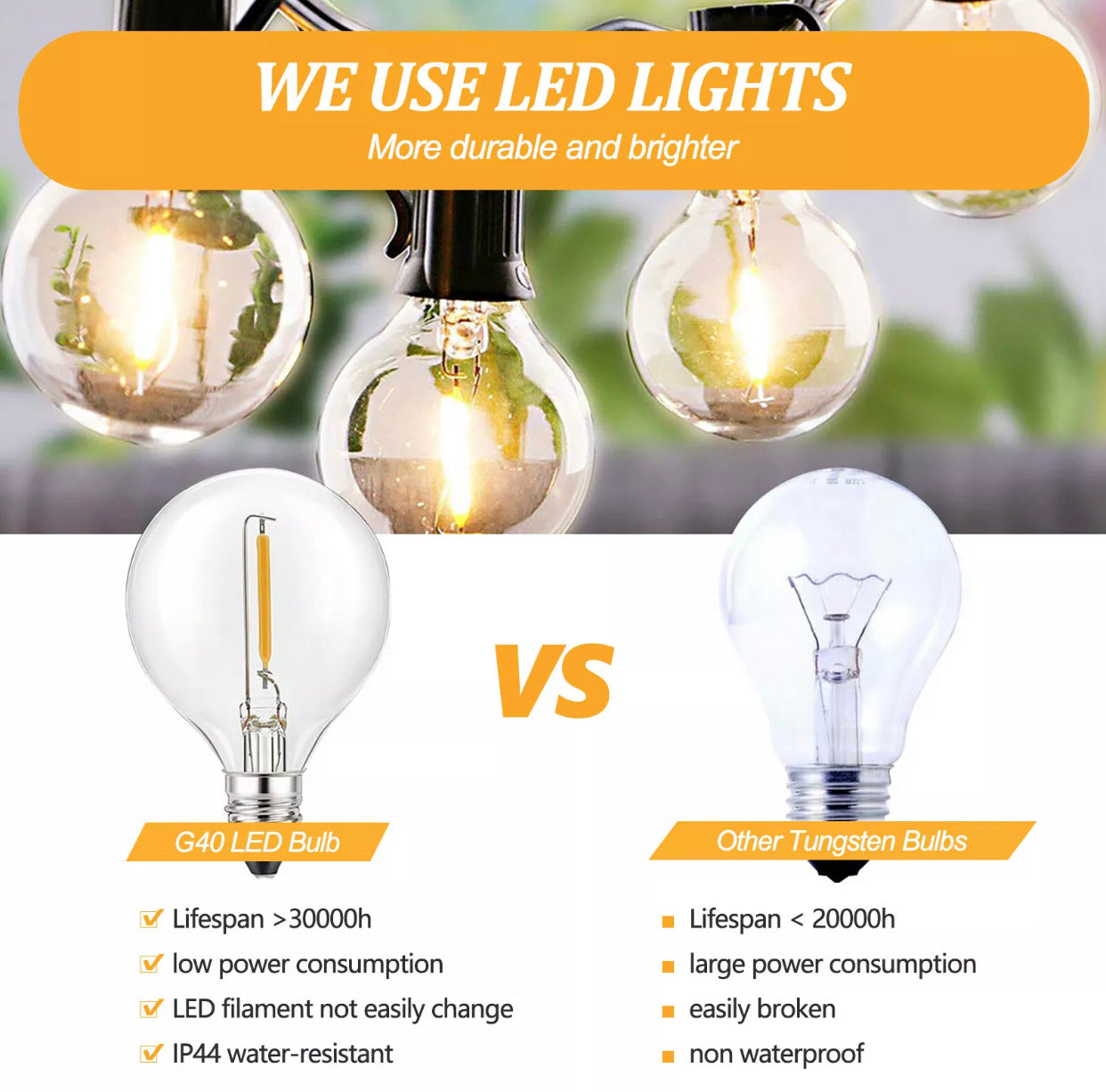 Lighteme 27 Ft Pro - Globe Solar LED Outdoor String Lights – Waterproof, G40 Retro Edison Filament Bulbs -Warm White