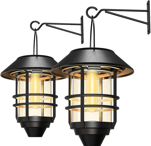 Lighteme 2 Pack Security Solar Hanging Lanterns , Wall/Porch Lights 15 Lumen Heavy Glass & Stainless