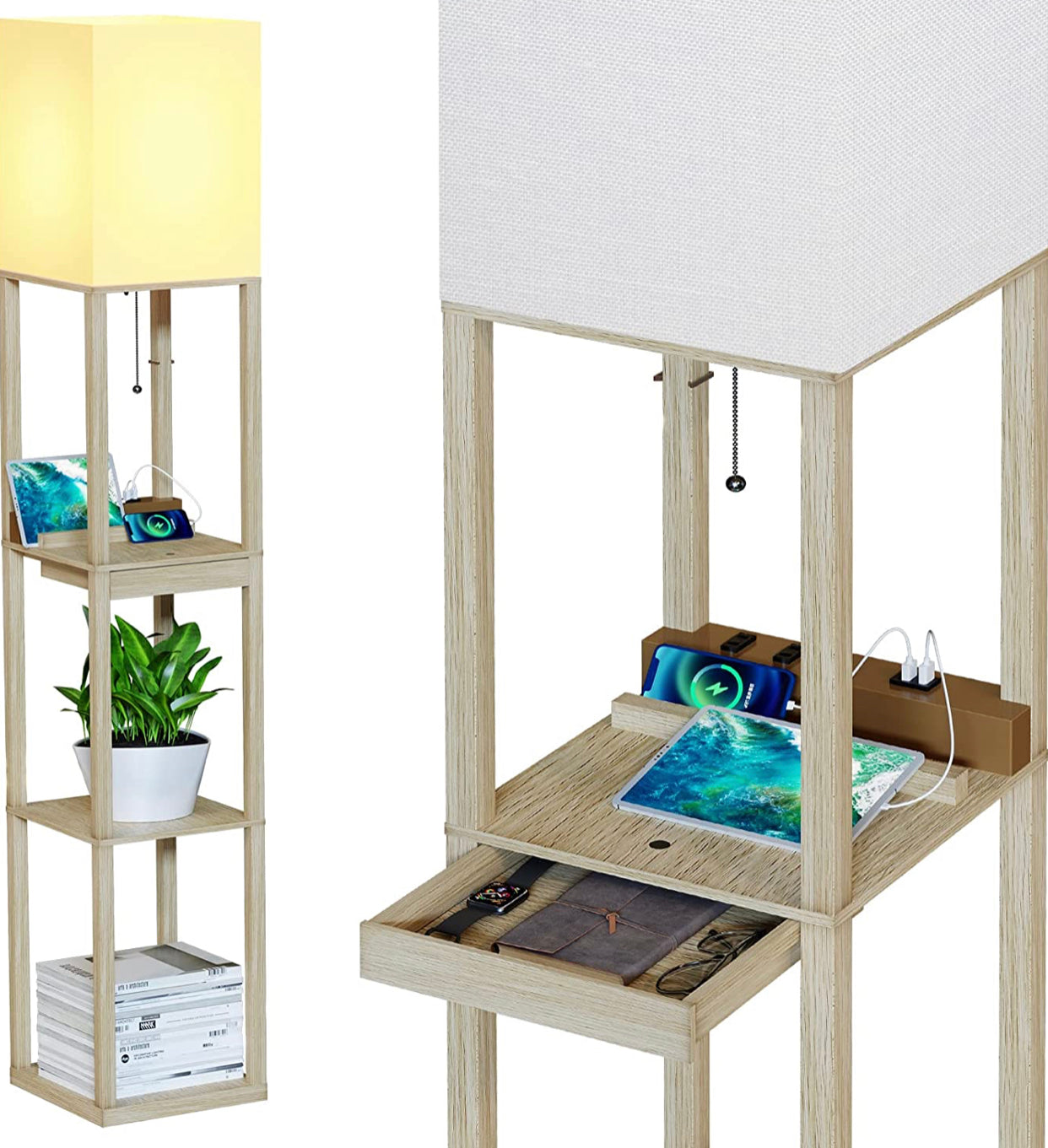 Lighteme Stehlampenladegerät – Regal-Stehlampe mit USB-Ladeanschlüssen und Steckdose 