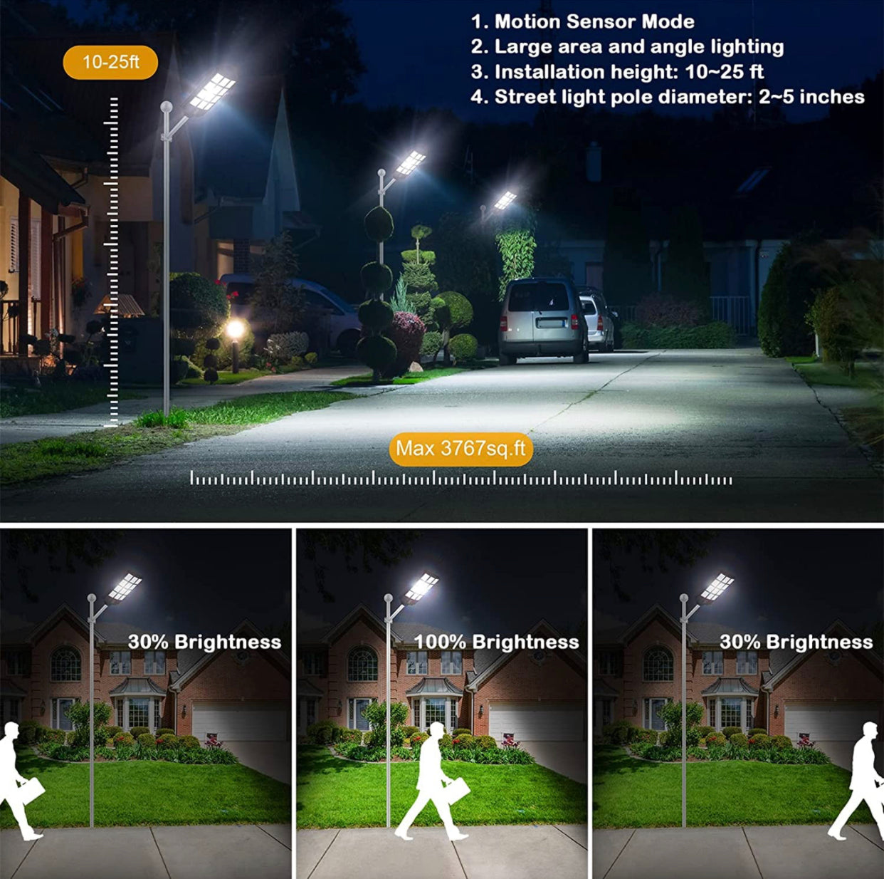 Lighteme 1200W Commercial Solar Street Light , 100000LM Parking Lot Light Dusk to Dawn With Remote