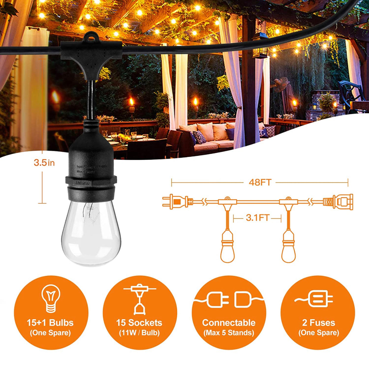 Lighteme 24Ft Plug-In LED Outdoor String Lights Waterproof- Hanging, Dimmable 2W Vintage Edison Bulbs
