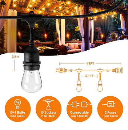 Lighteme 24Ft Plug-In LED Outdoor String Lights Waterproof- Hanging, Dimmable 2W Vintage Edison Bulbs