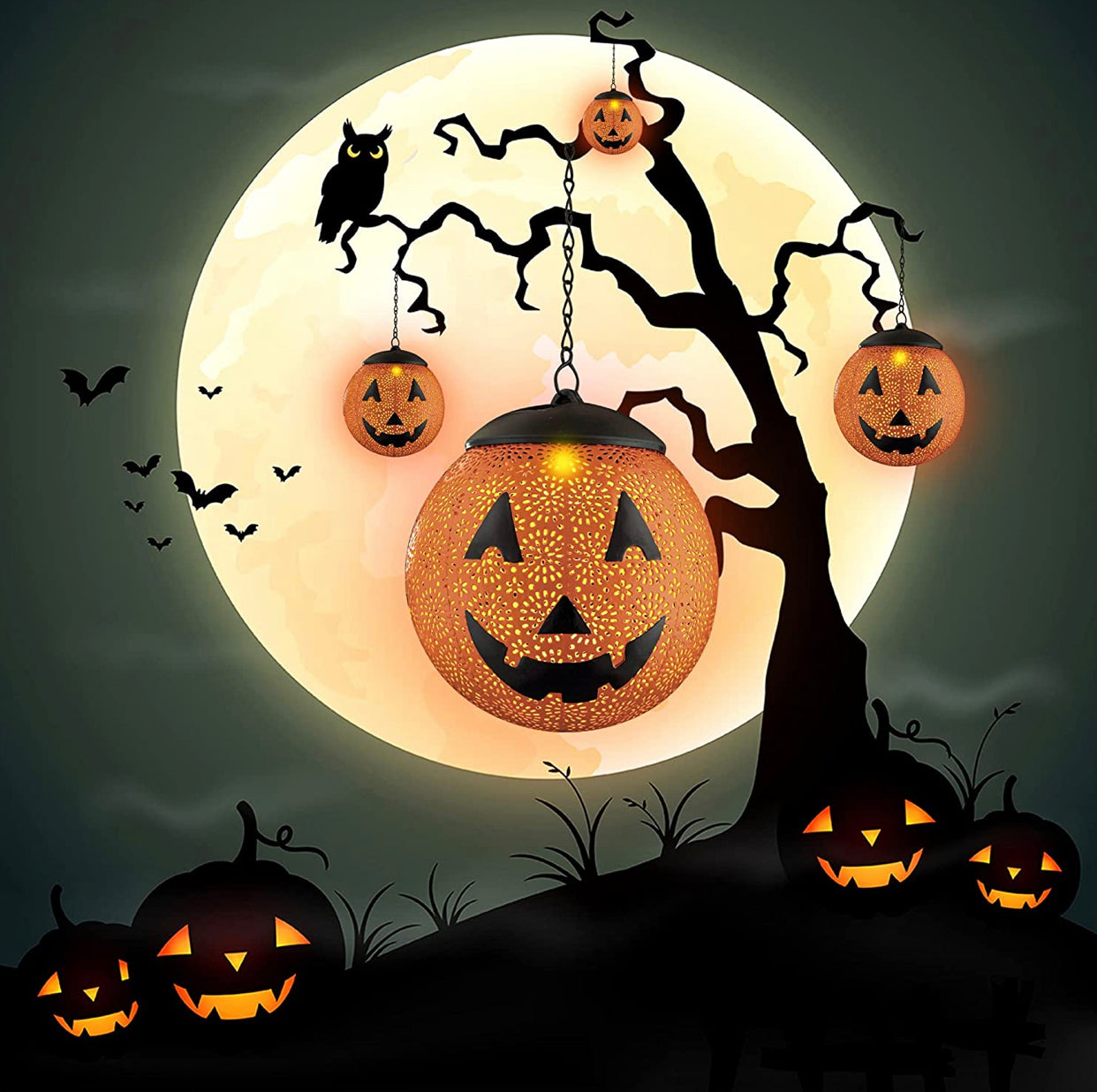 Lighteme Halloween Solar Hanging Lights Outdoor - Garden Solar Metal Lantern Decor, Solar Powered Led Waterproof Decorative Round