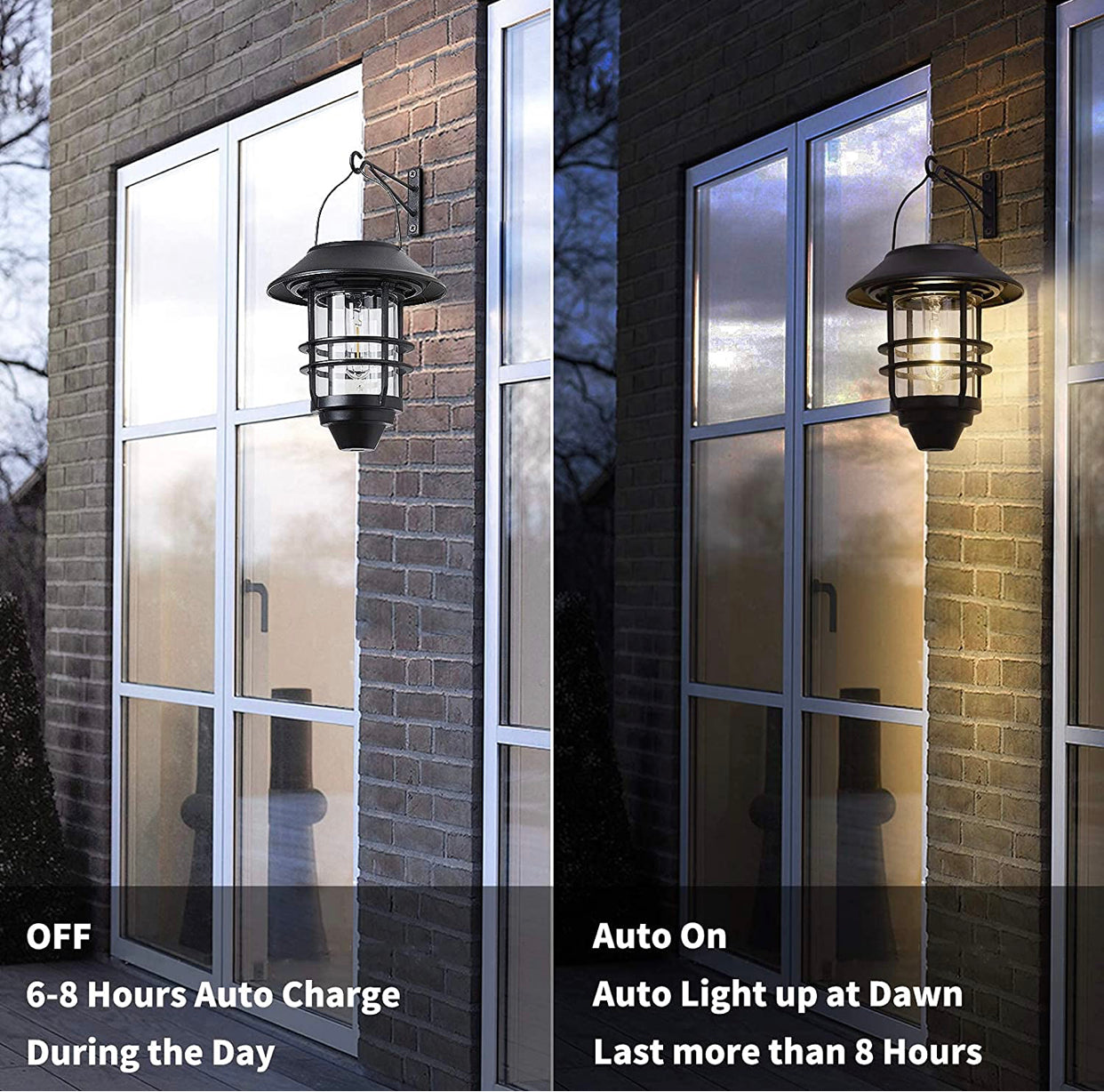 Lighteme 2 Pack Security Solar Hanging Lanterns , Wall/Porch Lights 15 Lumen Heavy Glass & Stainless