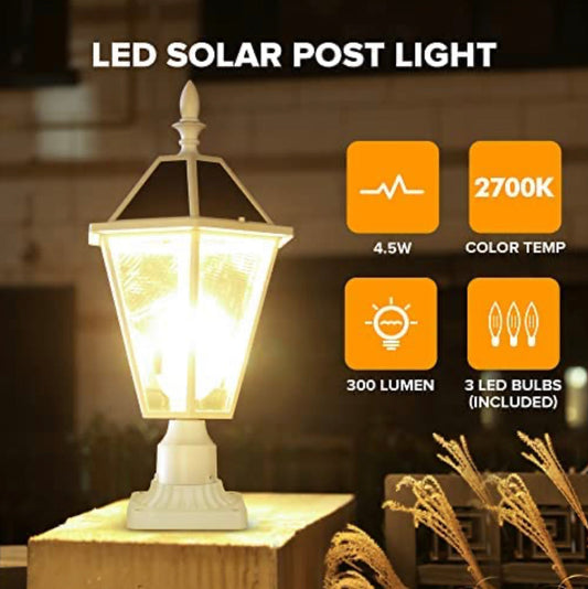 Lighteme LED Solar Fence Cap Lights,Dusk to Dawn Vintage Street Lights, 300LM, 2700K,Cast Aluminum