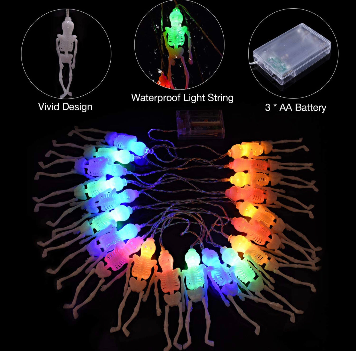 Lighteme 10Ft Solar Powered Skeleton Lights Halloween String Lights -20LEDs 2 Lighting Modes
