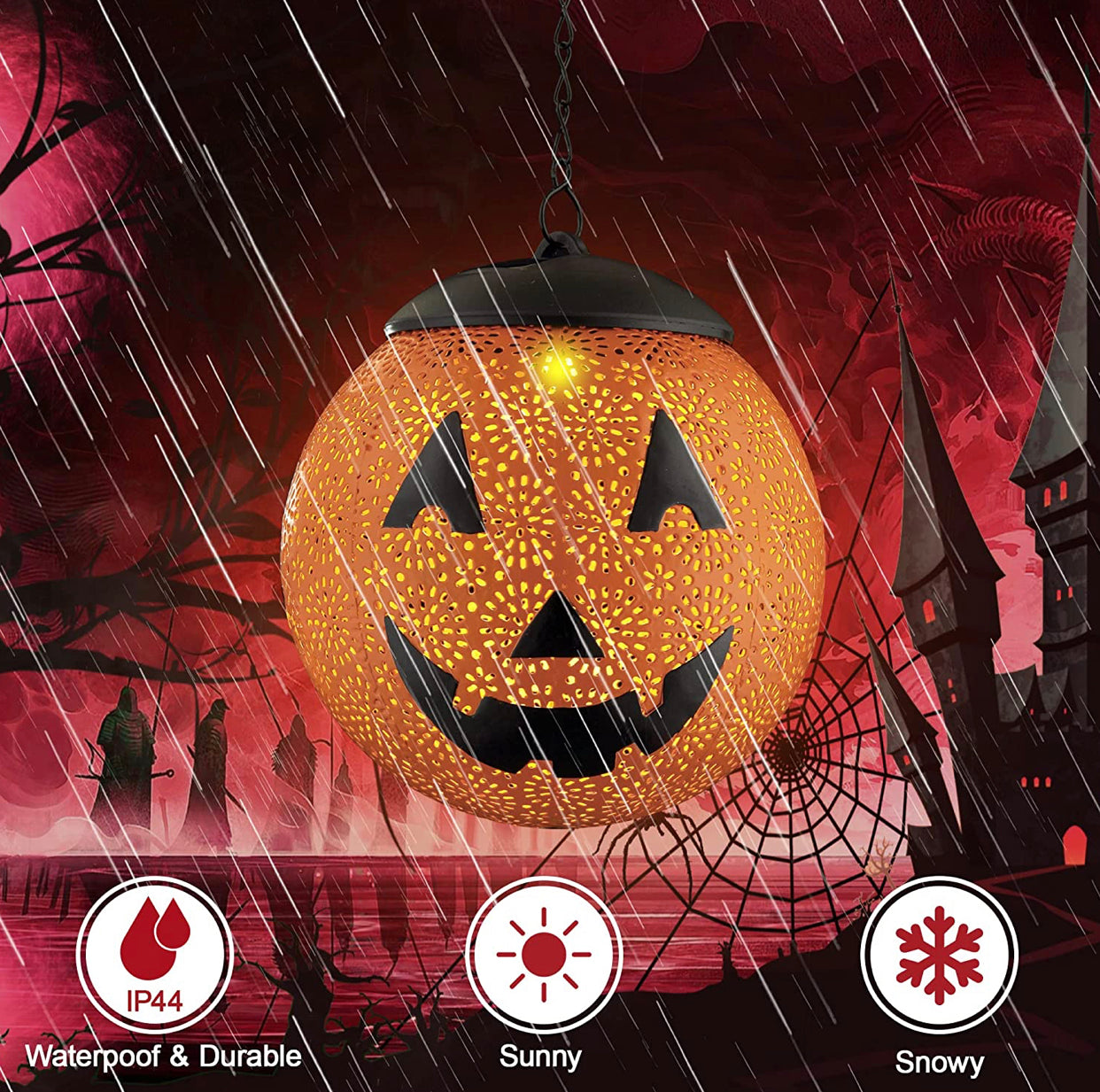 Lighteme Halloween Solar Hanging Lights Outdoor - Garden Solar Metal Lantern Decor, Solar Powered Led Waterproof Decorative Round
