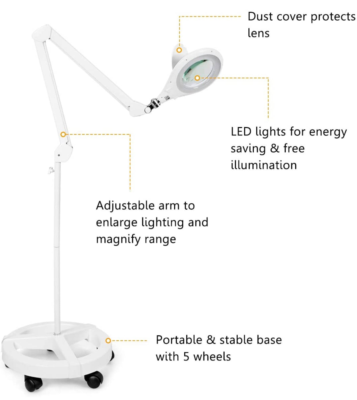 Lighteme Magnifying Floor Lamp with 5 Wheels Rolling Base, 2.25X Magnifier with LED Light, 2-in-1