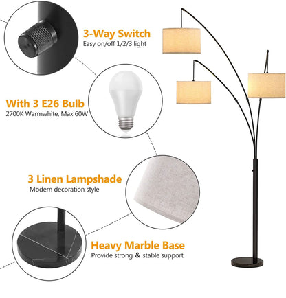 Lighteme Modern Arc Floor Lamp w/ Marble Base -- 3 Lights Hanging Over The Couch from Behind - Multi Head Arching Tree Lamp -Oil Rubbed Bronze