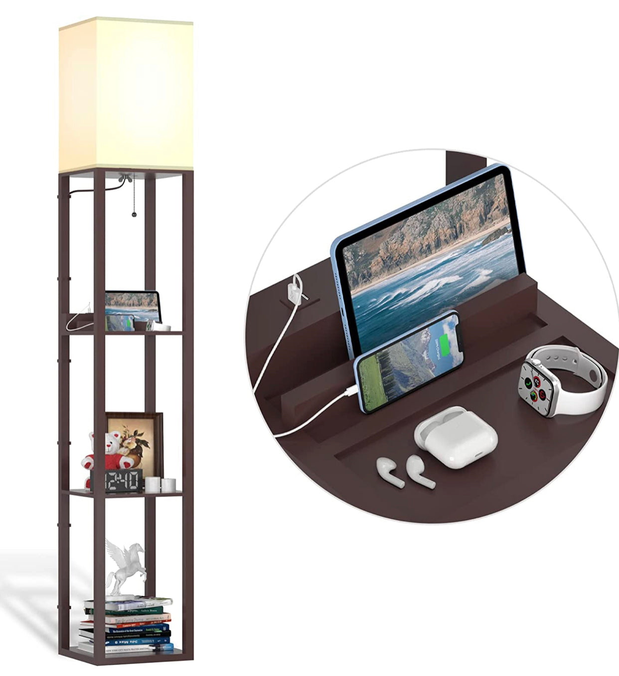 Lighteme Stehlampenladegerät – Regal-Stehlampe mit USB-Ladeanschlüssen und Steckdose 