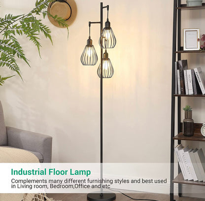 Lighteme Stehlampe passt zu industriellen, bäuerlichen und rustikalen Wohnzimmern – Stehende Baumlampe mit 3 eleganten Käfigköpfen und Edison-LED-Glühbirnen