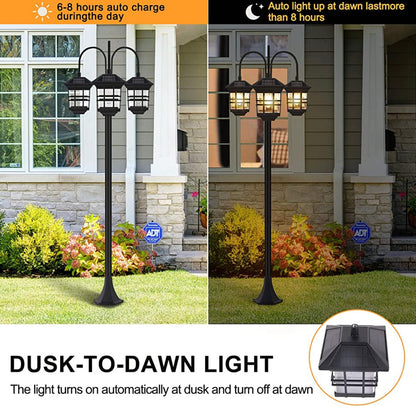 Lighteme 74.8“ Outdoor Lamp Post Lights Solar Powered,3-Head Waterproof Street Lights 60 lumens