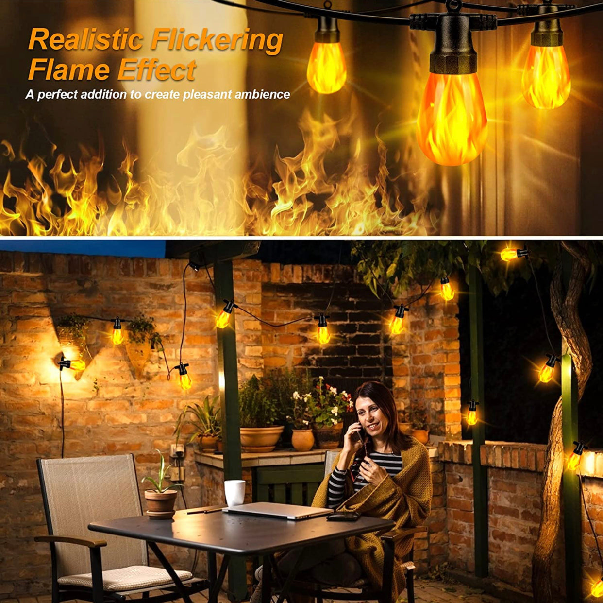 Lighteme 27Ft Solar Flickering LED Bulbs - Solar Panel Powered Hanging String Lights -12 Bulbs