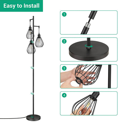 Lighteme Stehlampe passt zu industriellen, bäuerlichen und rustikalen Wohnzimmern – Stehende Baumlampe mit 3 eleganten Käfigköpfen und Edison-LED-Glühbirnen