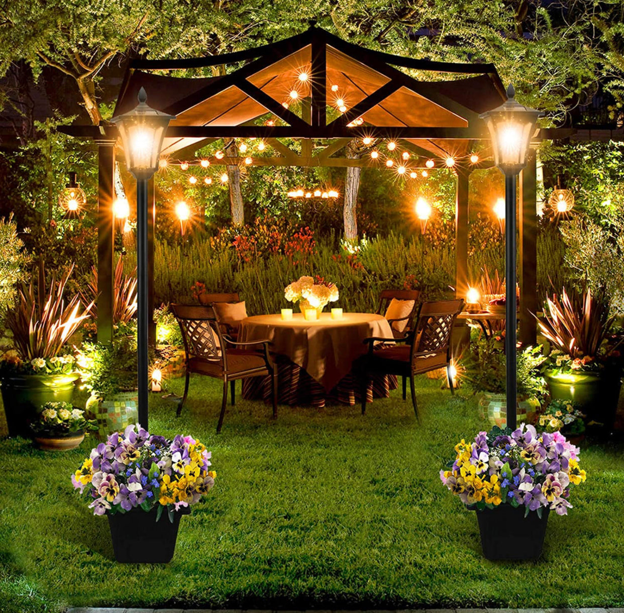 Lighteme 64 Inch Solar Lamp Post Lights Outdoor with Planter, 70 Lumen Solar Powered  with 4 Adjustable Height- Black