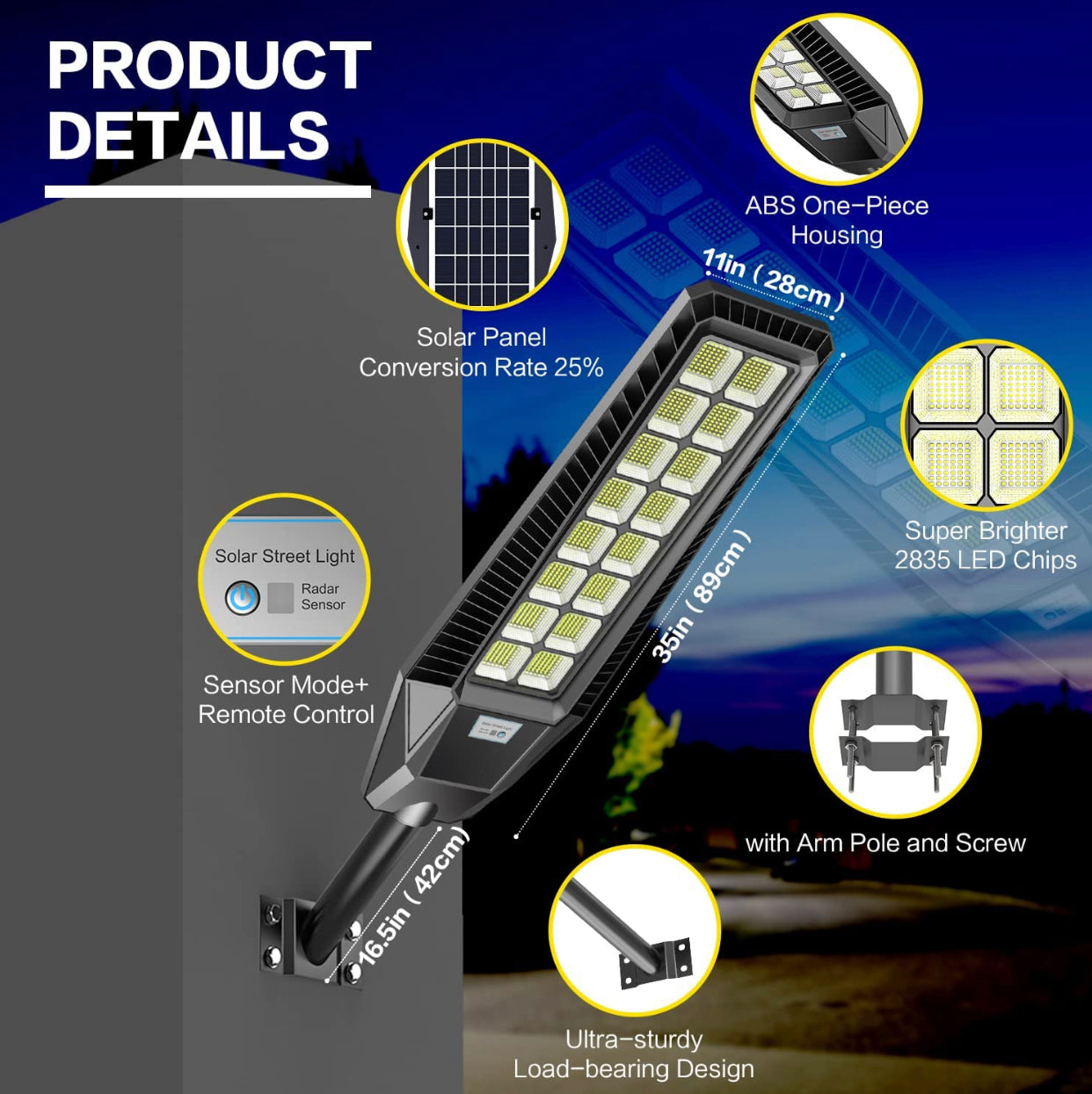 Lighteme Lot de 2 lampadaires solaires d'extérieur 1600 W 90 000 lumens, du crépuscule à l'aube, avec télécommande et détecteur de mouvement 