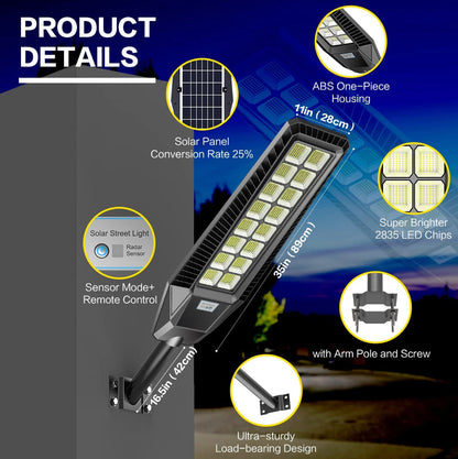 Lighteme Lot de 2 lampadaires solaires d'extérieur 1600 W 90 000 lumens, du crépuscule à l'aube, avec télécommande et détecteur de mouvement 