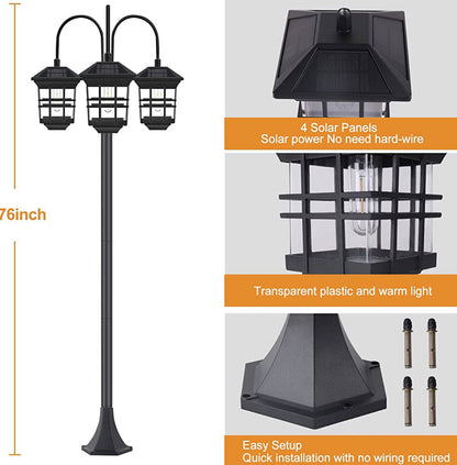Lighteme 74.8“ Outdoor Lamp Post Lights Solar Powered,3-Head Waterproof Street Lights 60 lumens