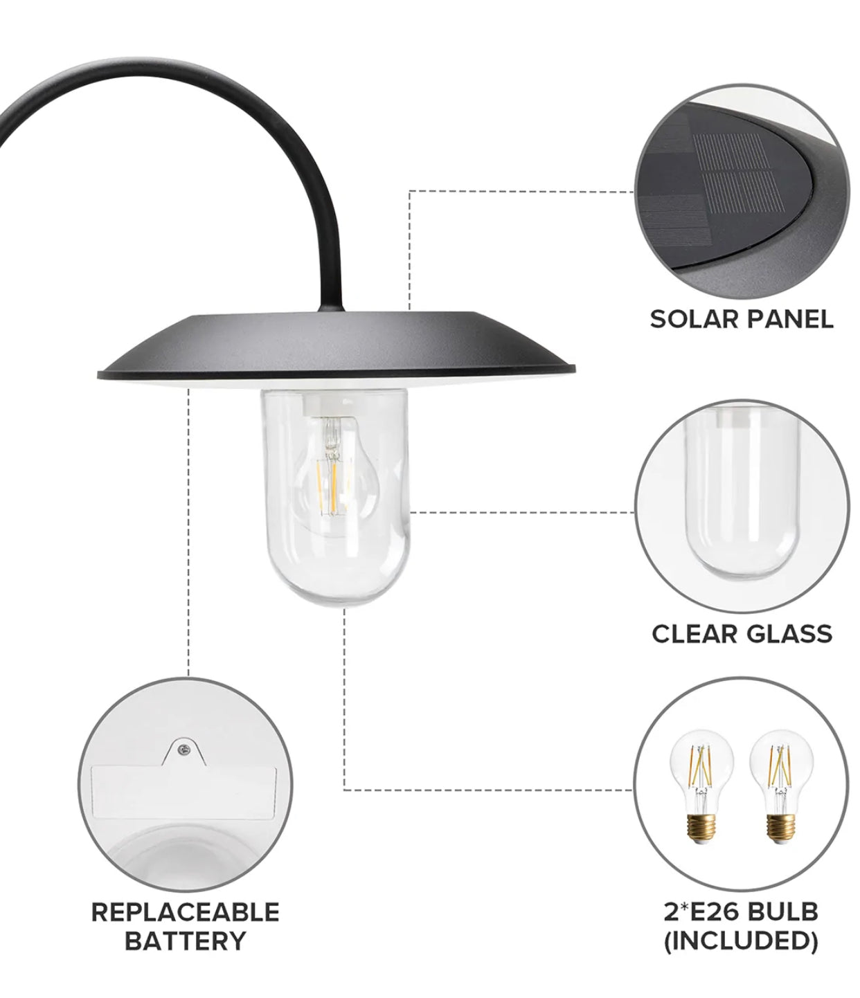 Lighteme Dual Head Solar Outdoor Post Light, Dusk to Dawn, Bulbs Included, Black(Head & Pole)
