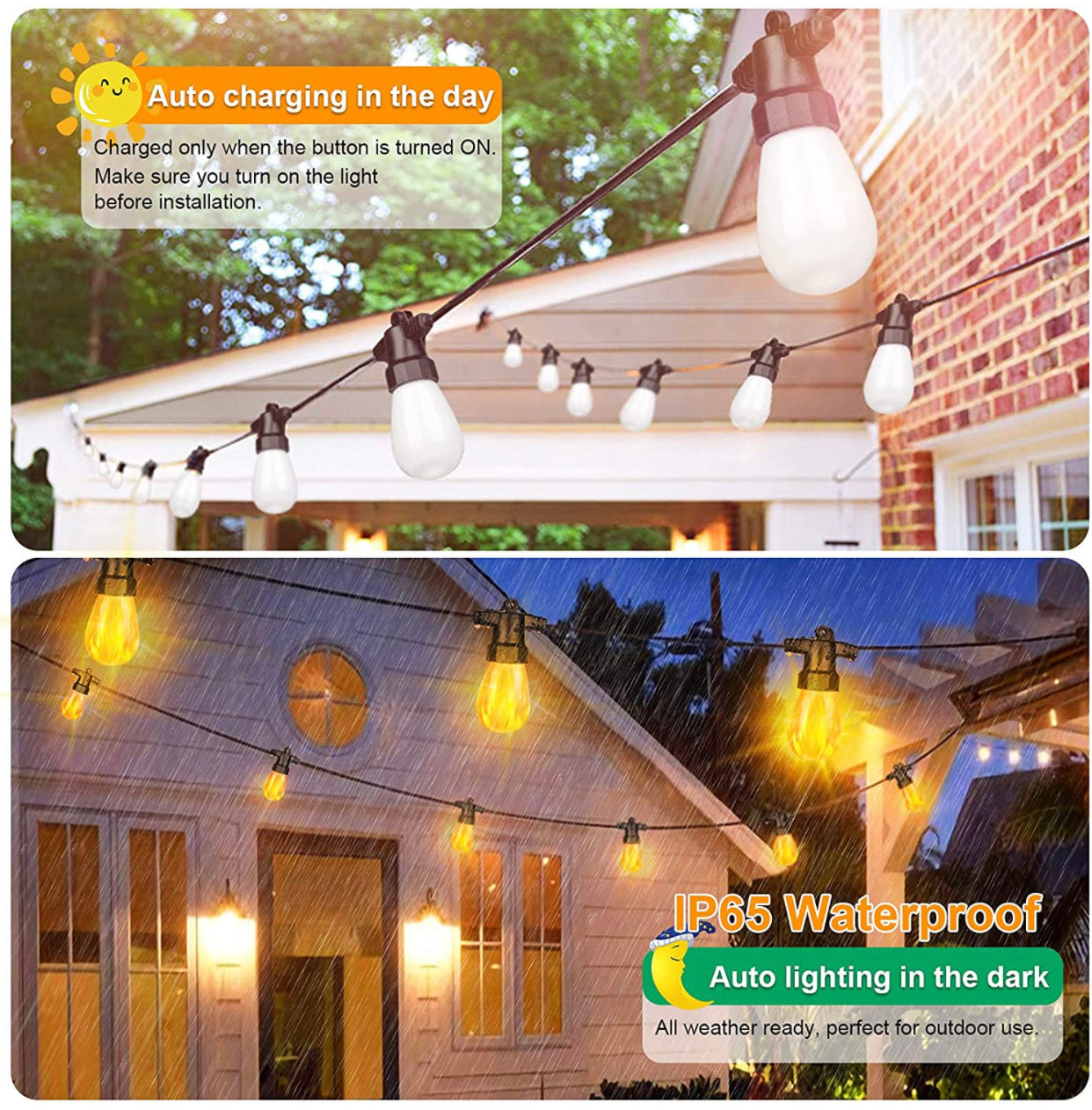 Lighteme 27Ft Solar Flickering LED Bulbs - Solar Panel Powered Hanging String Lights -12 Bulbs