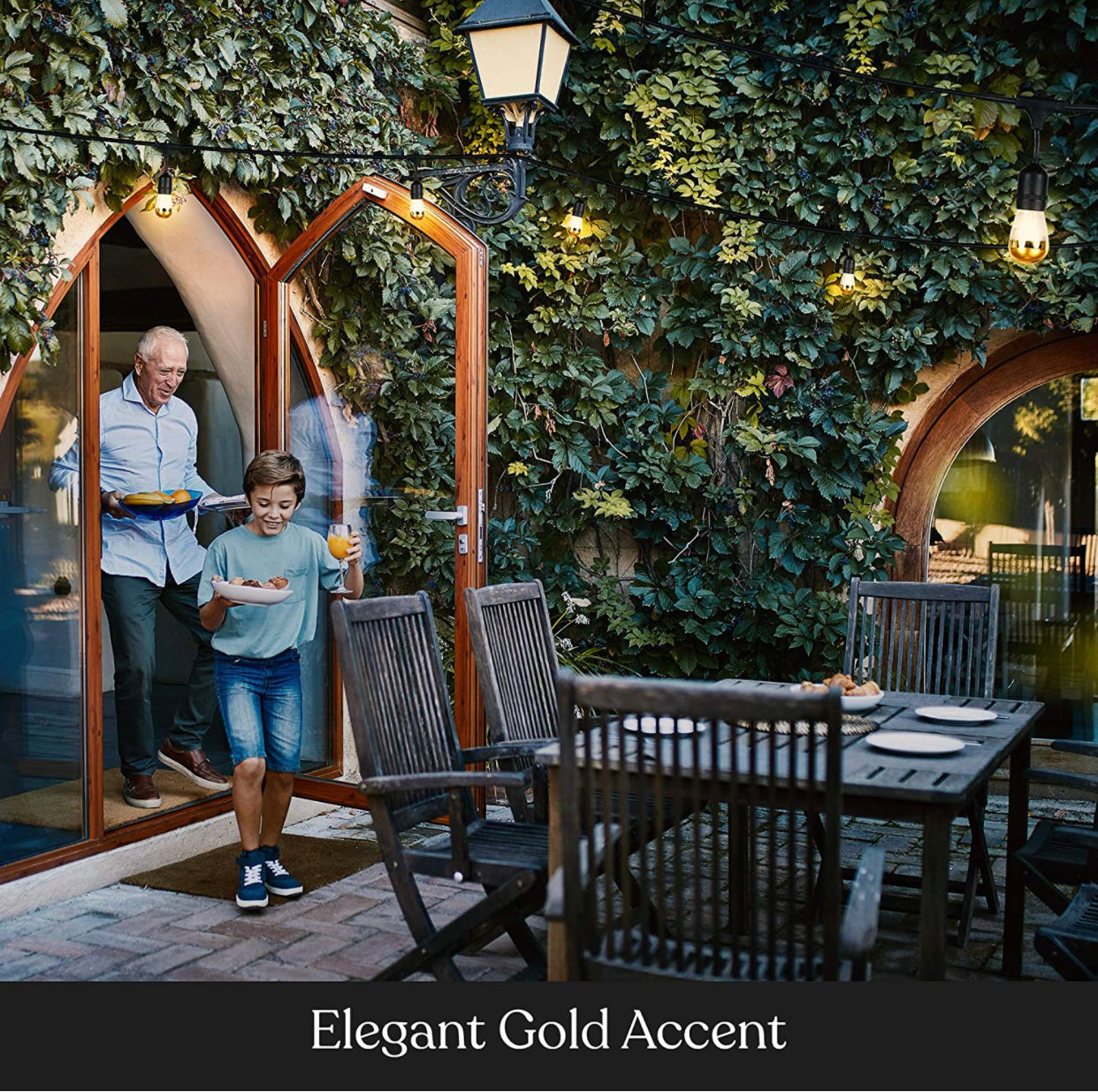 Lighteme Outdoor String Lights 48Ft Plug-In Anti Glare, Beautiful Gold Tip LED Bulbs - 48 Ft